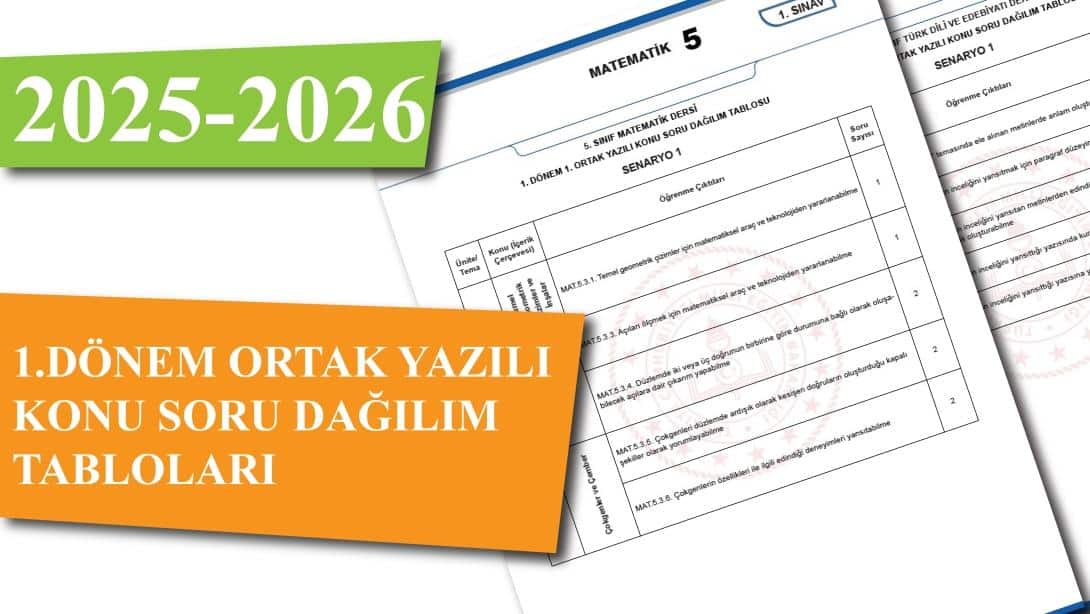 2025-2026 EĞİTİM ÖĞRETİM YILI OKUL GENELİ ORTAK YAZILI KONU SORU DAĞILIM TABLOLARI YAYIMLANDI